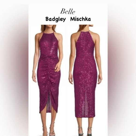 Badgley Mischka Fuchsia Sequin Midi Dress - Picture 1 of 2